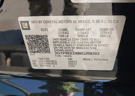 2021 GMC Sierra 1500 4Wd Short Box At4 from USA, damaged, VIN 3GTP9EED6MG208303